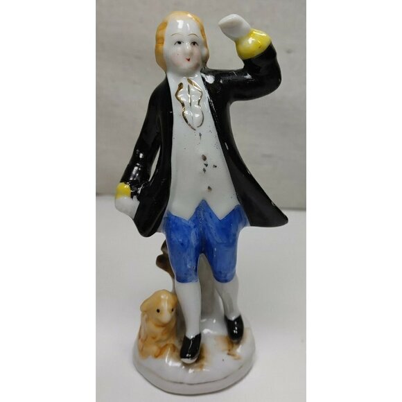 Vintage Occupied Japan Porcelain Colonial Figurines Man With Dog Sitting On Log - Picture 1 of 9